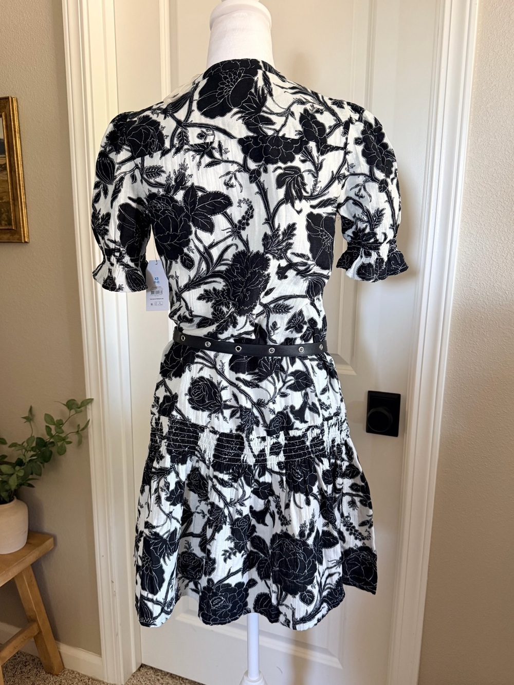 Floral Black Beige Low Waist Cotton Gauze Feel Summer Dress Size XS 0 2 TM - Picture 5 of 12